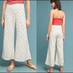 Feather Bone Anthropologie Cream Cherry Print Wide Leg Pants size 0